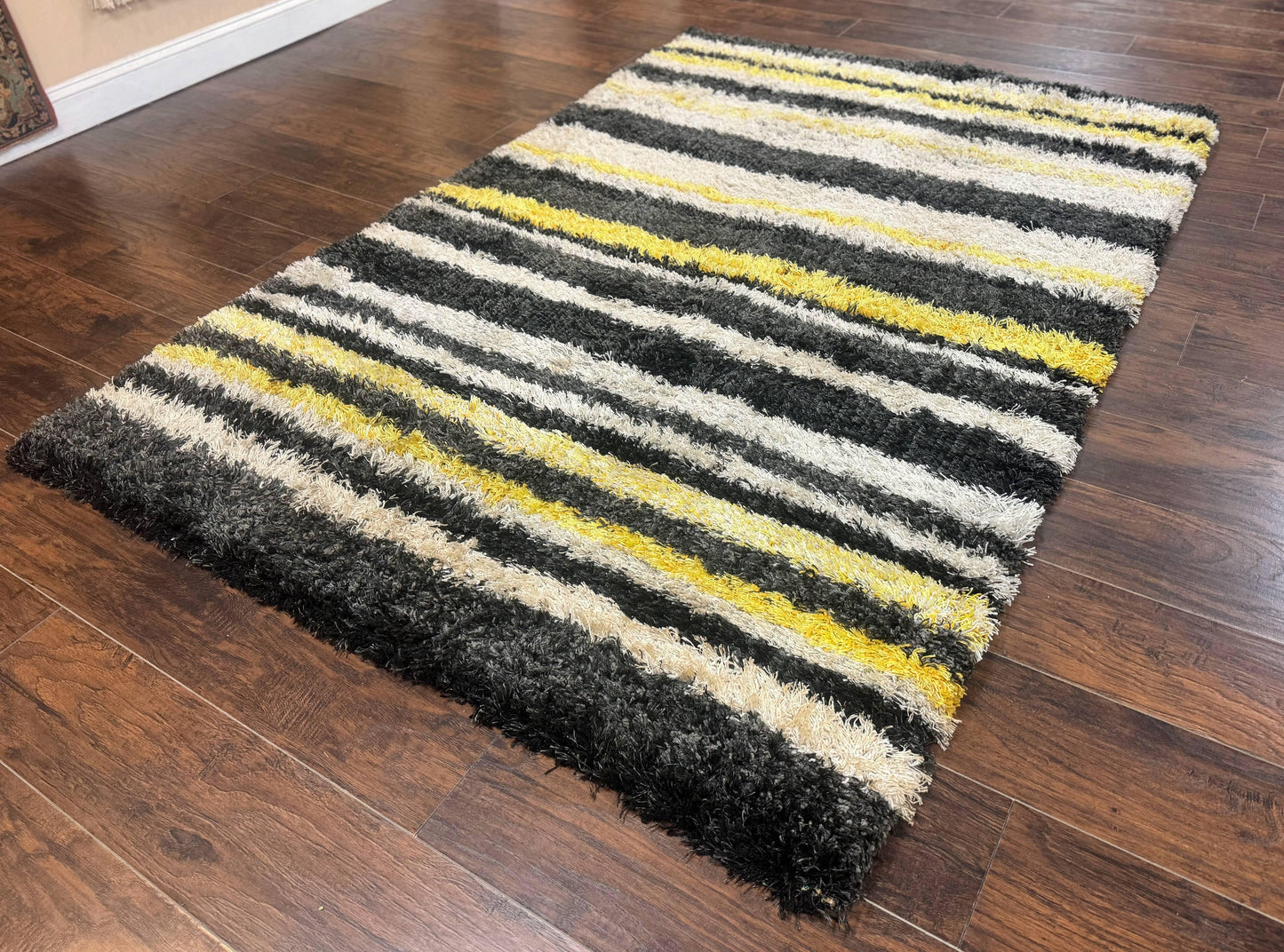 Shag Rug 5x8, Yellow Ivory Charcoal, Contemporary
