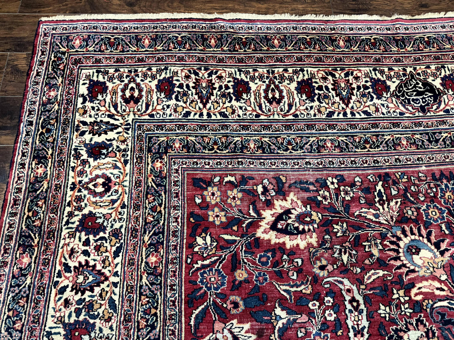 Antique Persian Mashad Rug 10x12, Red and Ivory, Signed by Master Weaver