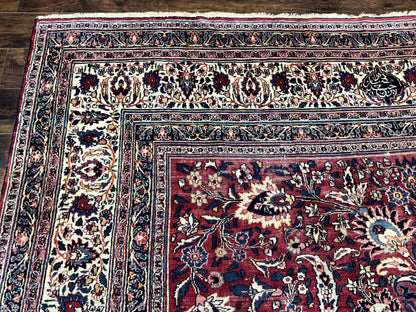 Antique Persian Mashad Rug 10x12, Red and Ivory, Signed by Master Weaver