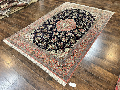 Stunning Silk Persian Qum Rug 7x9, Finely Hand Knotted Navy Blue & Salmon Floral Medallion Authentic Oriental Carpet, Vintage Handmade Silk Ghom Rug, Silk on Silk
