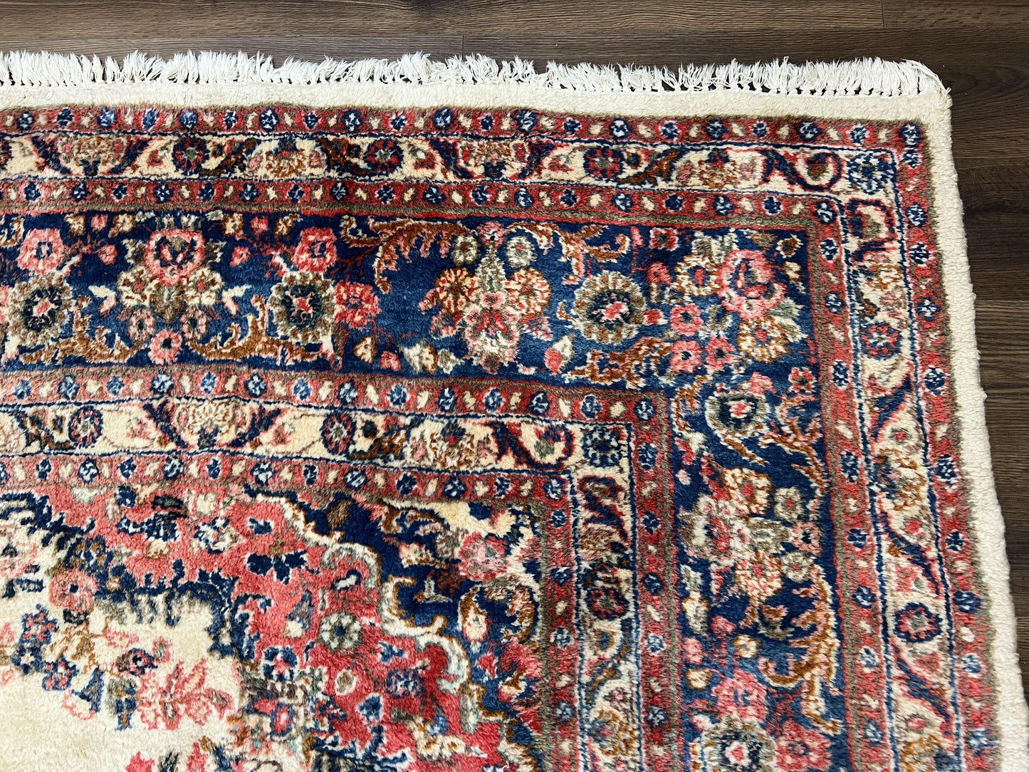Persian Rug 9x10, Hamadan Rug, Antique Oriental Carpet, Wool Rug, Semi Open Field, Cream and Navy Blue, Kirman Design Hand Knotted Almost Square Rug