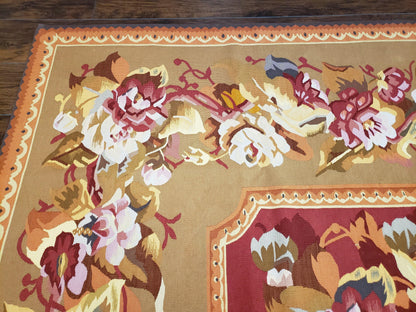 Vintage Chinese Aubusson Savonnerie Flat Pile Rug 9.9 x 14.5 Wool Handwoven Red & Khaki Large Flowers Rug 9x14 - 10x15 Michaelian Kolhberg