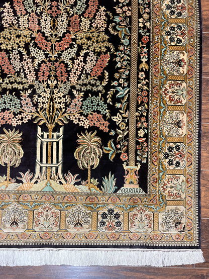 Wonderful Sino Persian Silk Rug 4x6, Tree of LIfe Design, Masterpiece 575 KPSI, Birds, Prayer Rug, Black, Silk on Silk