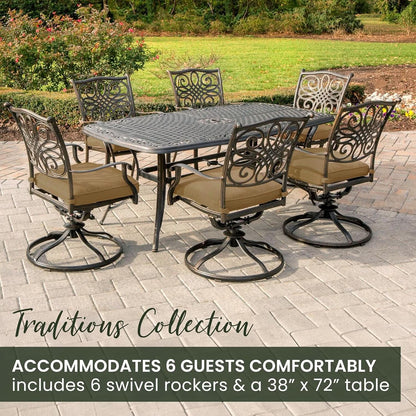 7 Piece Patio Dining Set 6 Swivel Chairs Tan Cushions 38x72