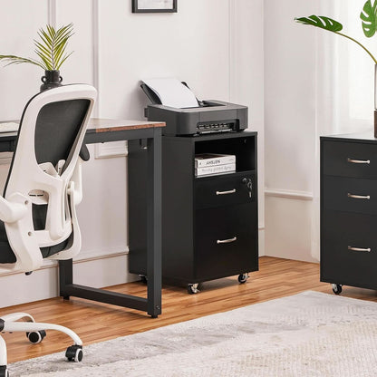 Black Under Desk File Cabinet 2 Drawers Lockable Wheels