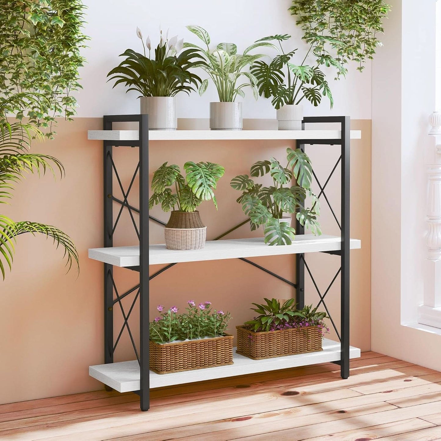 Industrial Three Tier Open Bookcase With Metal Frame Sturdy