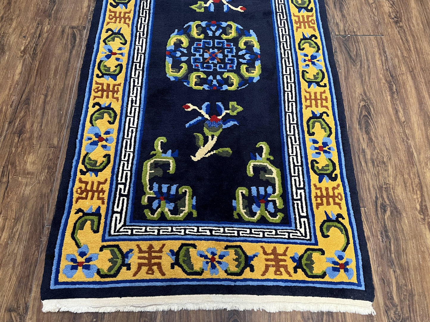 Chinese Art Deco Rug 3 x 5.9, Handmade Chinese Peking Carpet, Dark Blue and Gold, Medallion, Asian Oriental 3x6 Hand Knotted Vintage Rug