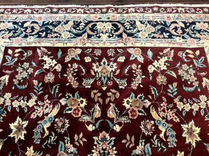 Indo Persian Rug 8x10, Floral Allover with Bird Pictorials, Maroon and Navy Blue, Handmade Wool Area Rug