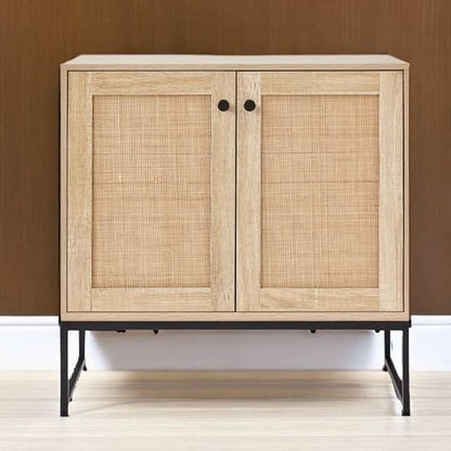 Two Door Rattan Storage Cabinet Natural Finish With Non Scratch Foot Pads For Living Room Hallway Kitchen