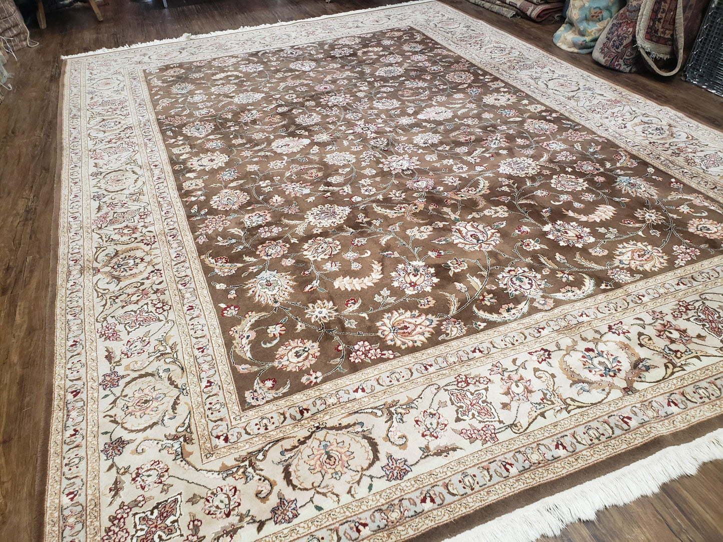 Vintage Pak-Persian Area Rug 9x12, Wool Hand-Knotted Spice Brown & Ivory Traditional Fine Oriental Carpet, Pakistani Carpet, 9 x 12 Fine Rug