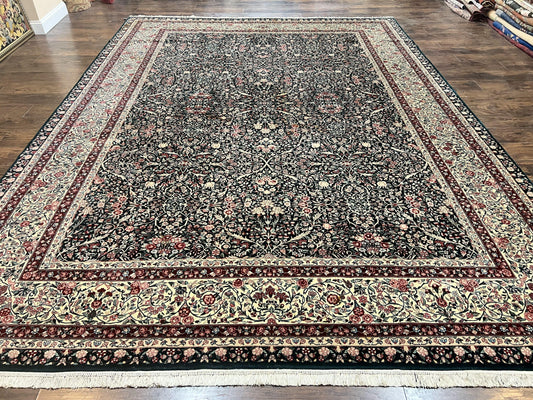 Large Sino Persian Rug 10x14, Wool Hand Knotted Vintage Carpet, Dark Green & Beige, Kirman Floral Rug, Fine Weave, Traditional, Large