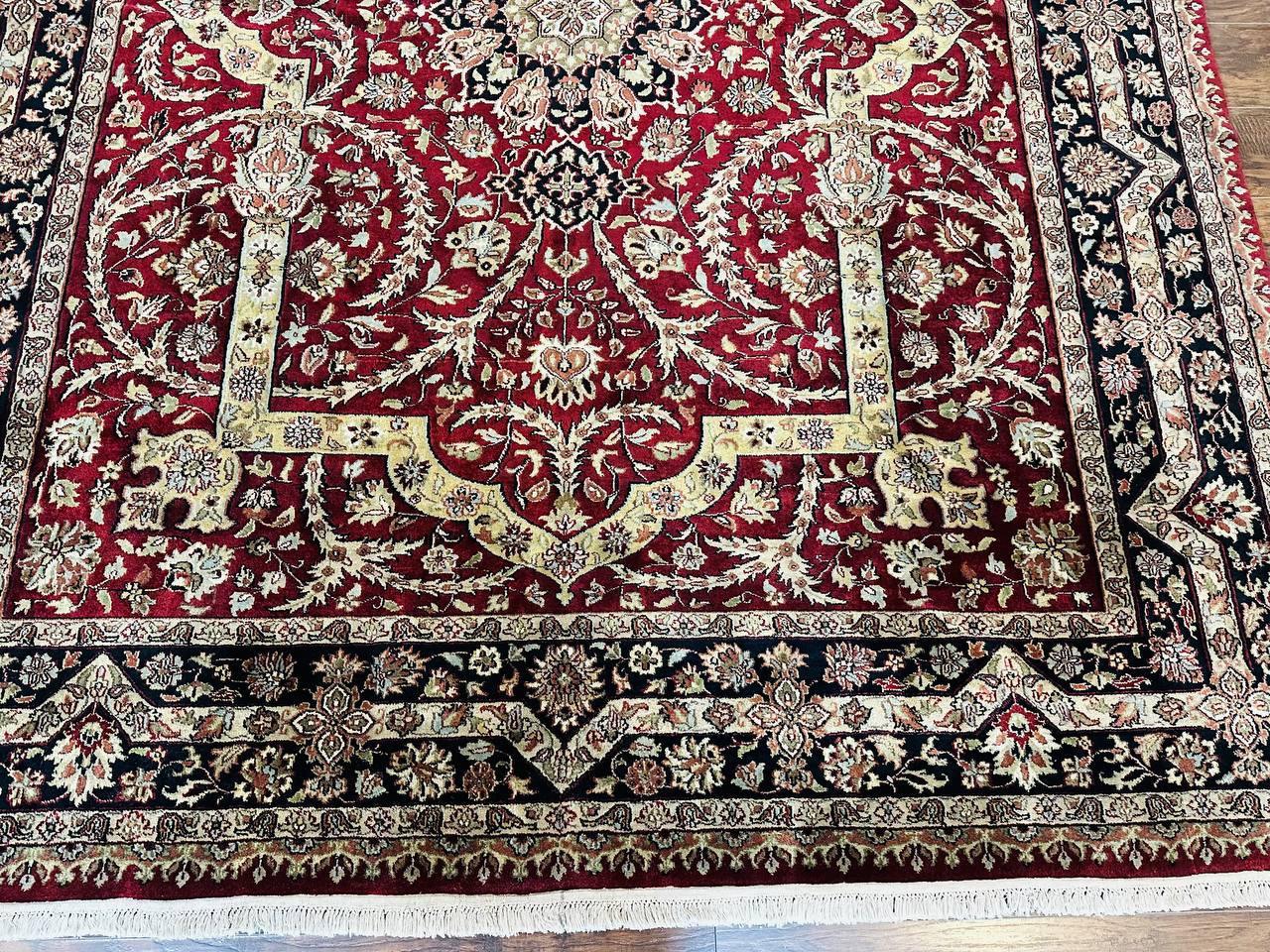 Indo Persian Rug 8x10, Red Vintage Wool Traditional Carpet, Floral, Handmade