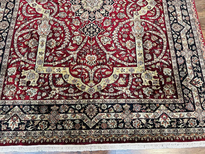 Indo Persian Rug 8x10, Red Vintage Wool Traditional Carpet, Floral, Handmade