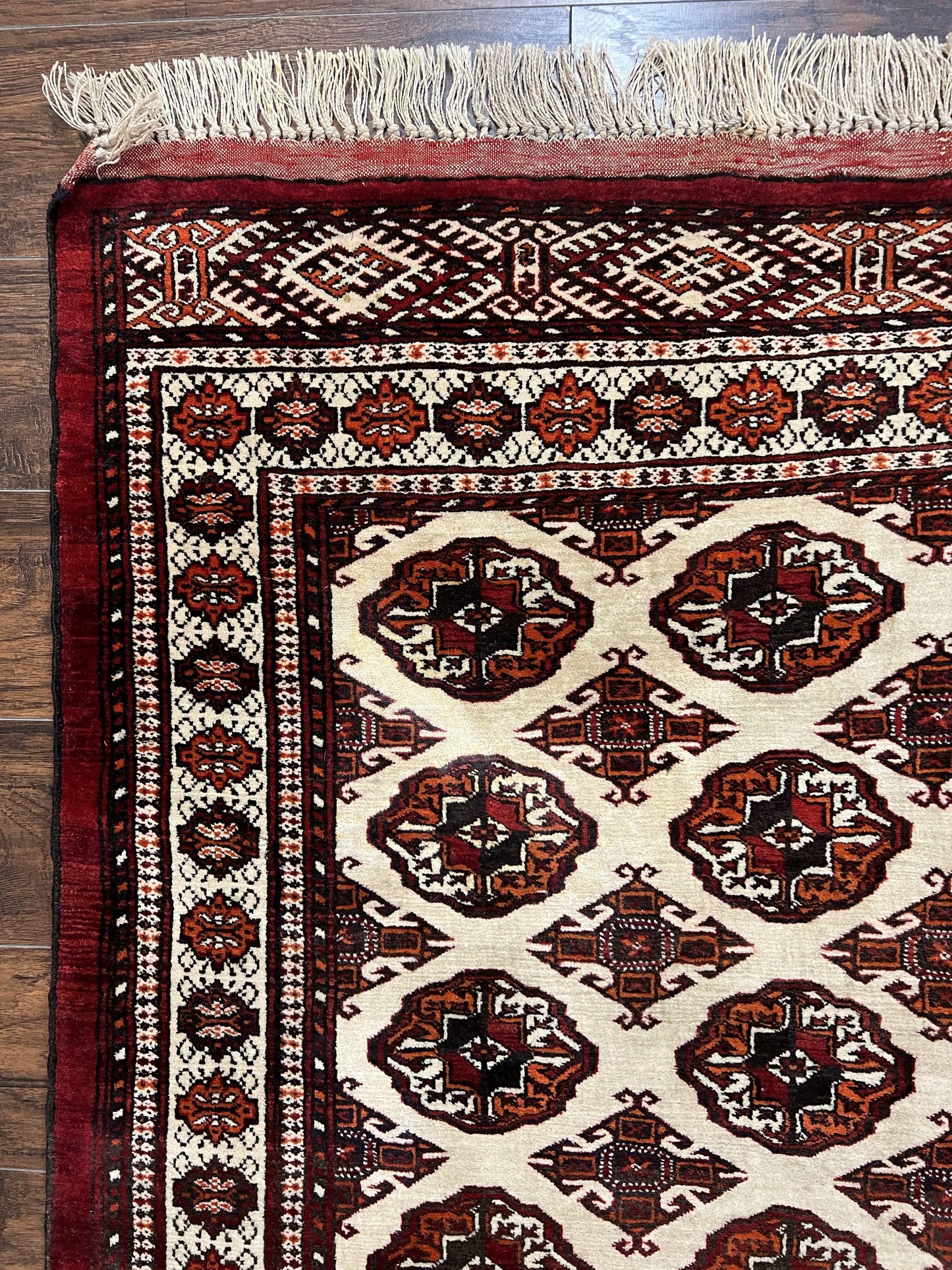 Persian Turkoman Rug 7x8, Almost Square Rare, Hand Knotted, Yamud, Bohemian Rug, Handmade Tribal Rug, Cream Red, Handmade Oriental Carpet