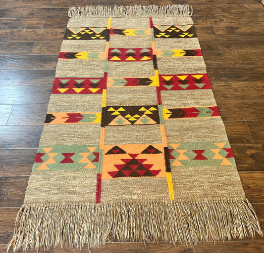 South American Flatweave Rug, Gray, Handmade Vintage Wool Bohemian Blanket
