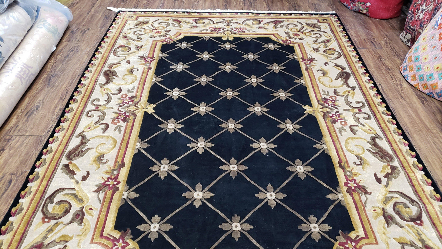 Nepal Rug 6x9, New Aubusson Nepalese Tibetan Carpet 6'1" x 8' 8", Hand-Knotted Wool, Unused, Black & Cream, Savonnerie Pattern, Soft Pile