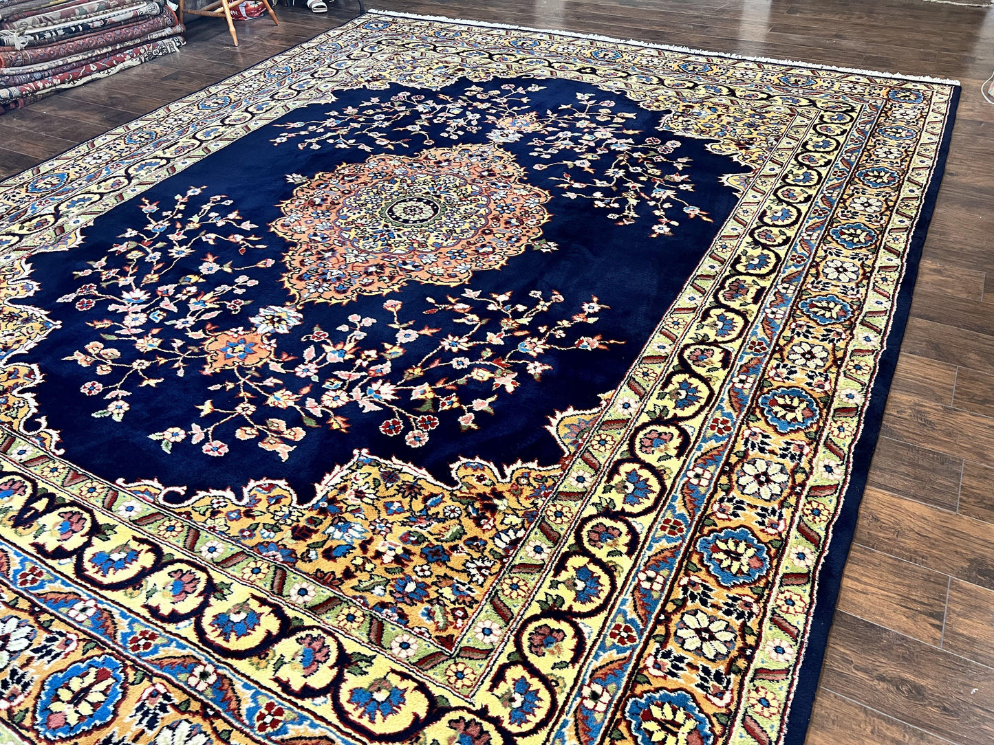 Indo Persian Rug 12x15, Mahal Sarouk Rug 12 x 15, Wool Hand Knotted Vintage Carpet, Navy Blue, Oversized Rug, Center Medallion