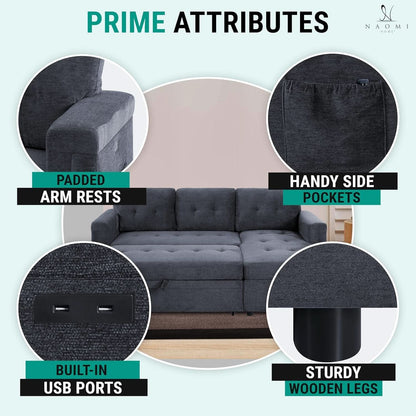 Gray Microfiber L Shape Sleeper Sofa With USB Ports Storage