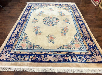 Chinese Wool Rug 8x11, Peking Asian Oriental Carpet, Cream/Ivory and Blue, Vintage Handmade Rug, Art Deco Rug