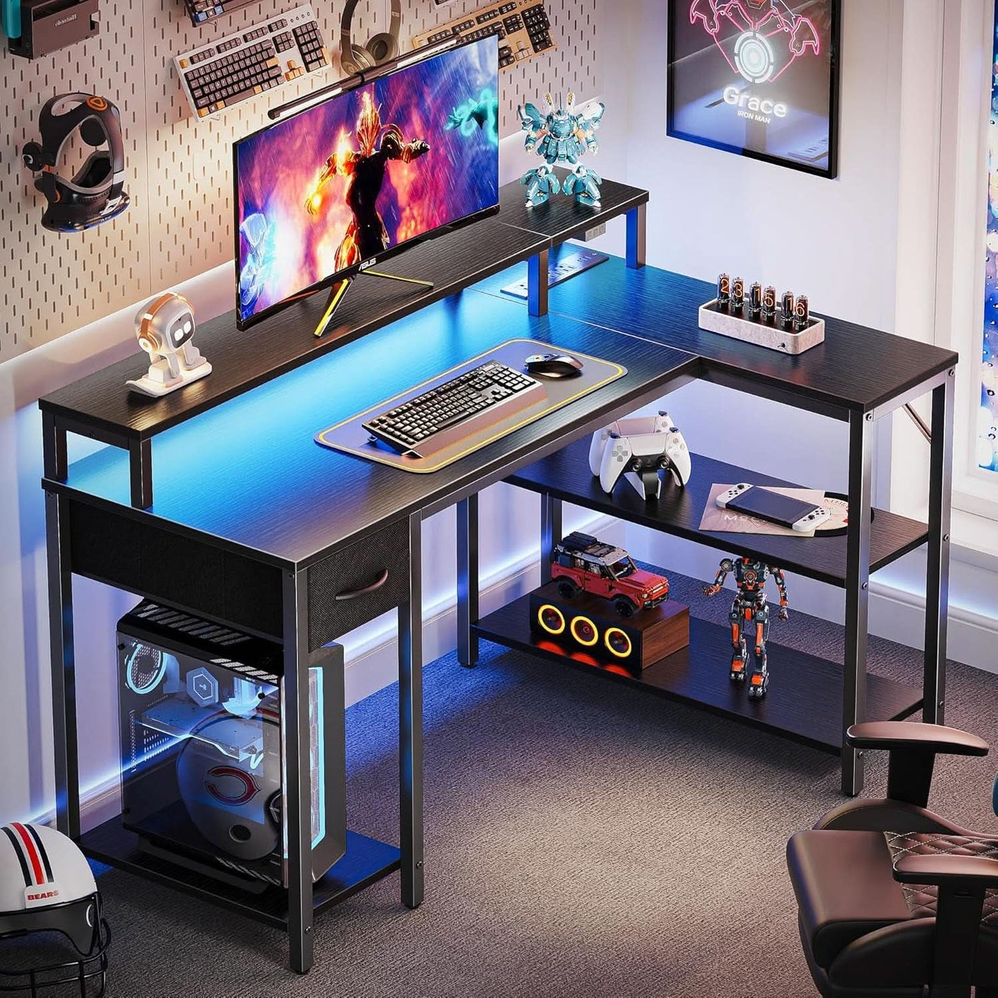 47 Inch L Shaped Desk With LED Lighting And Power Outlets
