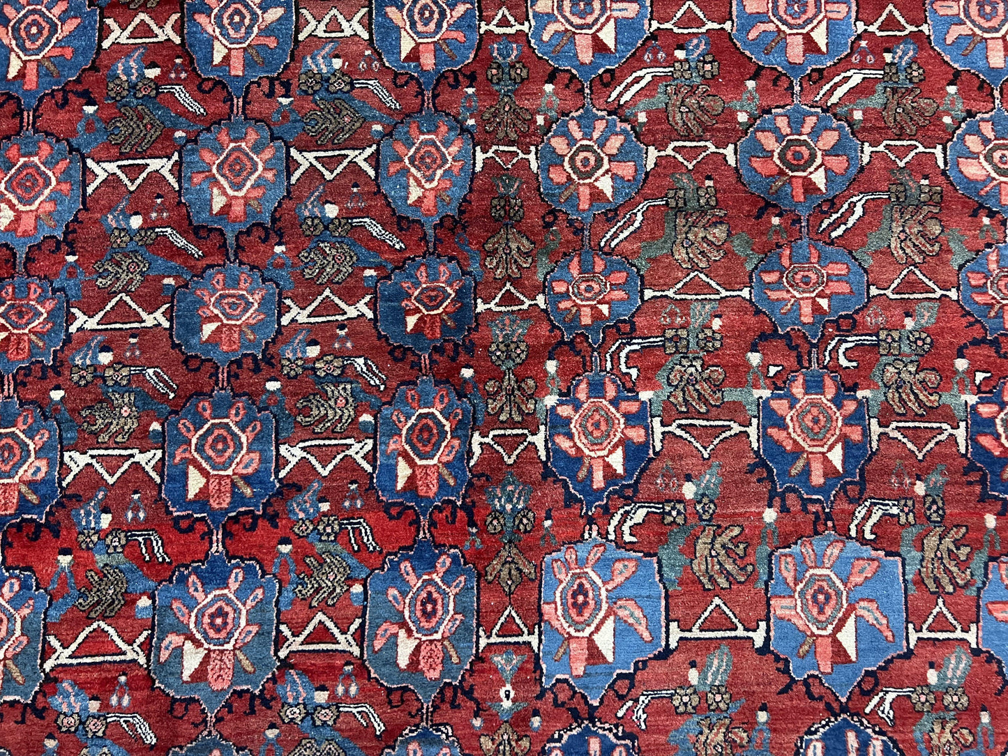 Antique Persian Bijar Rug 9x12 - Allover Motif, Red & Blue