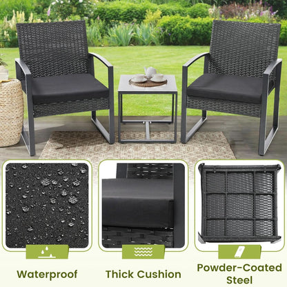 Three Piece Wicker Patio Bistro Set With Coffee Table Black Frame For Balcony Porch And Garden Outdoor
