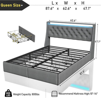 Queen Bed Frame With Storage Headboard LED Lighting
