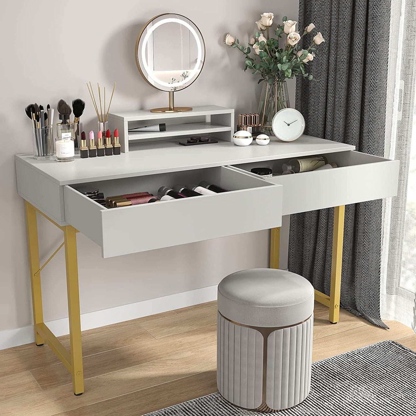 White Home Office Desk With Drawer And Monitor Stand