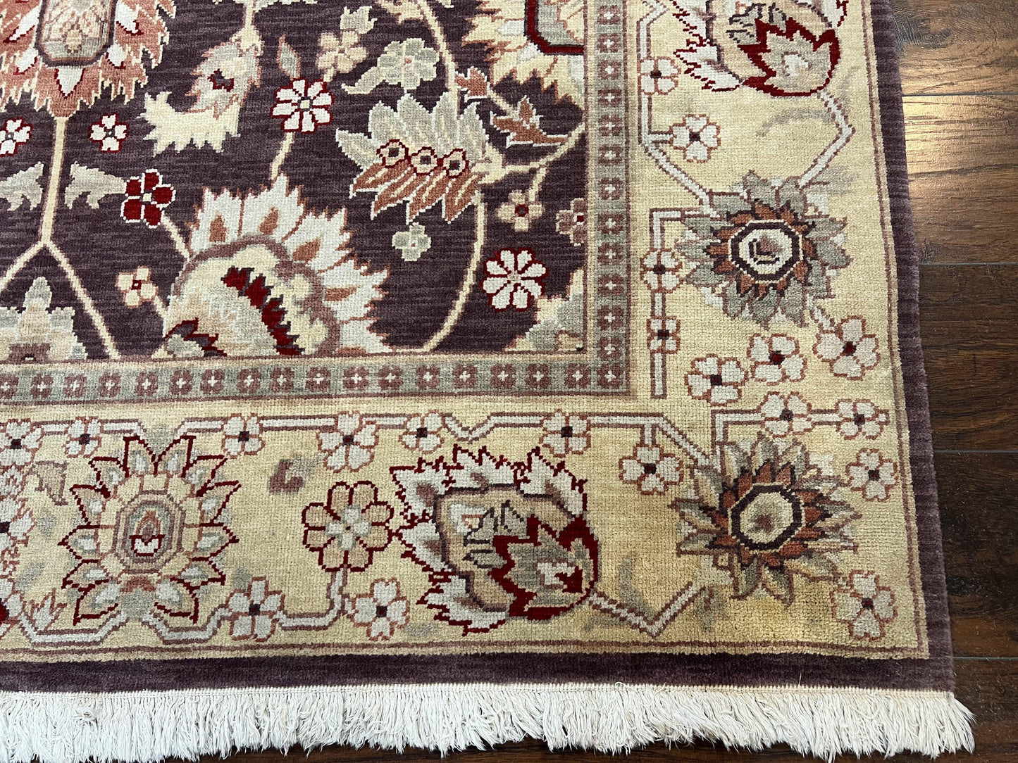 Vintage Indo Mahal Area Rug 6x9, Indian Persian Oriental Carpet 6 x 9, Puce Eggplant Tan Beige Rug, Hand-Knotted, Large Floral Design Wool
