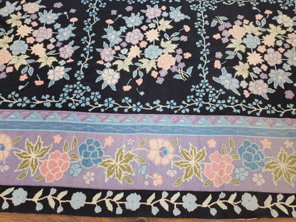 Chinese Needlepoint Rug 8 x 11.4, Hand-Woven Area Carpet, Flatweave Rug, Black Blue Light Violet Floral Garden European Design Wool Aubusson