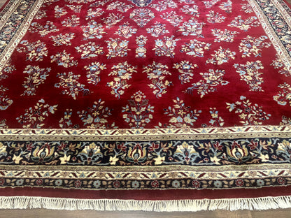 Indo Persian Sarouk Rug 10x14, Large Red and Navy Blue Carpet, Traditional Floral Wool Rug