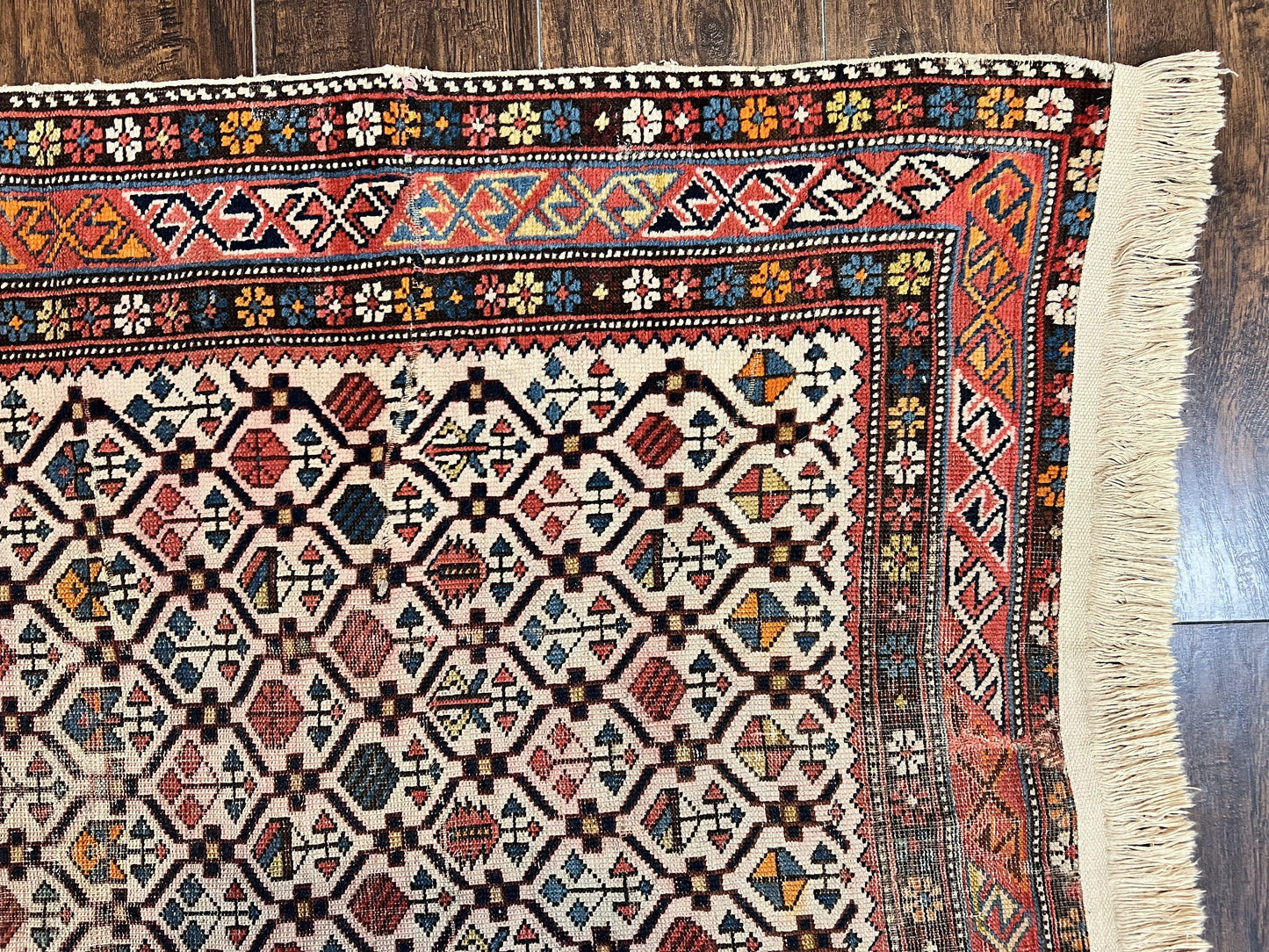 Antique Caucasian Rug 4x5, Hand Knotted Handmade Shirvan Oriental Carpet, Ivory Red Rug Allover Pattern, Rare Wool Rug, Tribal Geometric Rug