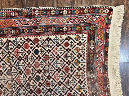 Antique Caucasian Rug 4x5, Hand Knotted Handmade Shirvan Oriental Carpet, Ivory Red Rug Allover Pattern, Rare Wool Rug, Tribal Geometric Rug
