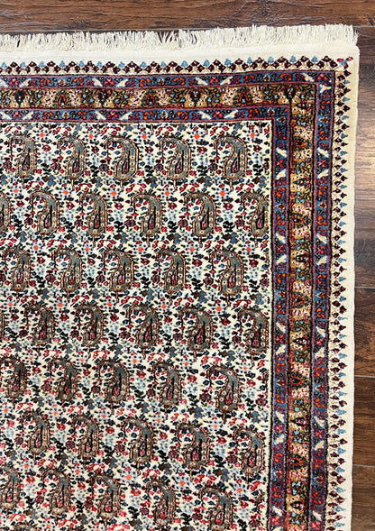 Persian Rug 4x6, Mashad Kashmar Rug, Boteh Paisley Design, Allover Repeated Pattern, Ivory Hand Knotted Vintage Semi Antique Persian Oriental Carpet