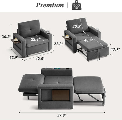 3 In 1 Sleeper Sofa Chair Bed With USB Ports
