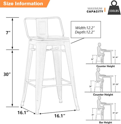 30 Inch Bar Stools Set Of 4 Matte Black Wood Seat With Back