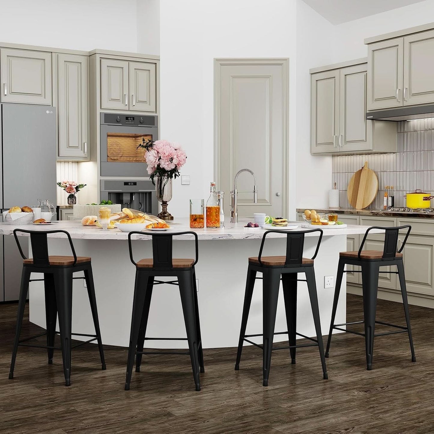 30 Inch Bar Stools Set Of 4 Matte Black Wood Seat With Back