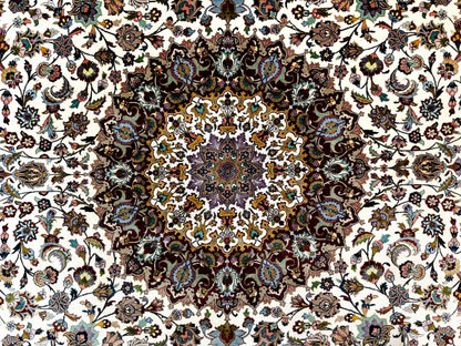 Persian Tabriz Rug 8x11, Floral Medallion Traditional Area Rug, Fine 300 KPSI, Ivory Maroon