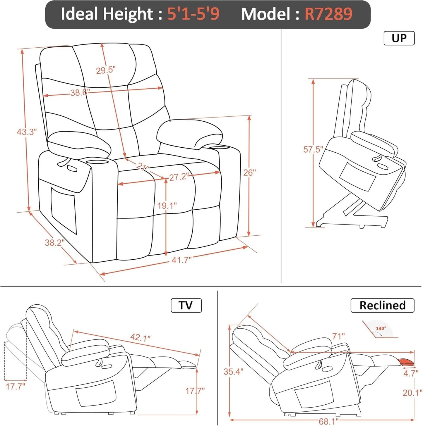 Power Lift Recliner Dark Brown Extended Footrest Chair
