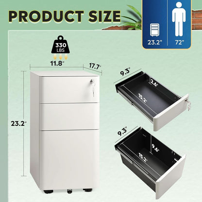 White 3 Drawer Slim File Cabinet For Office Lockable