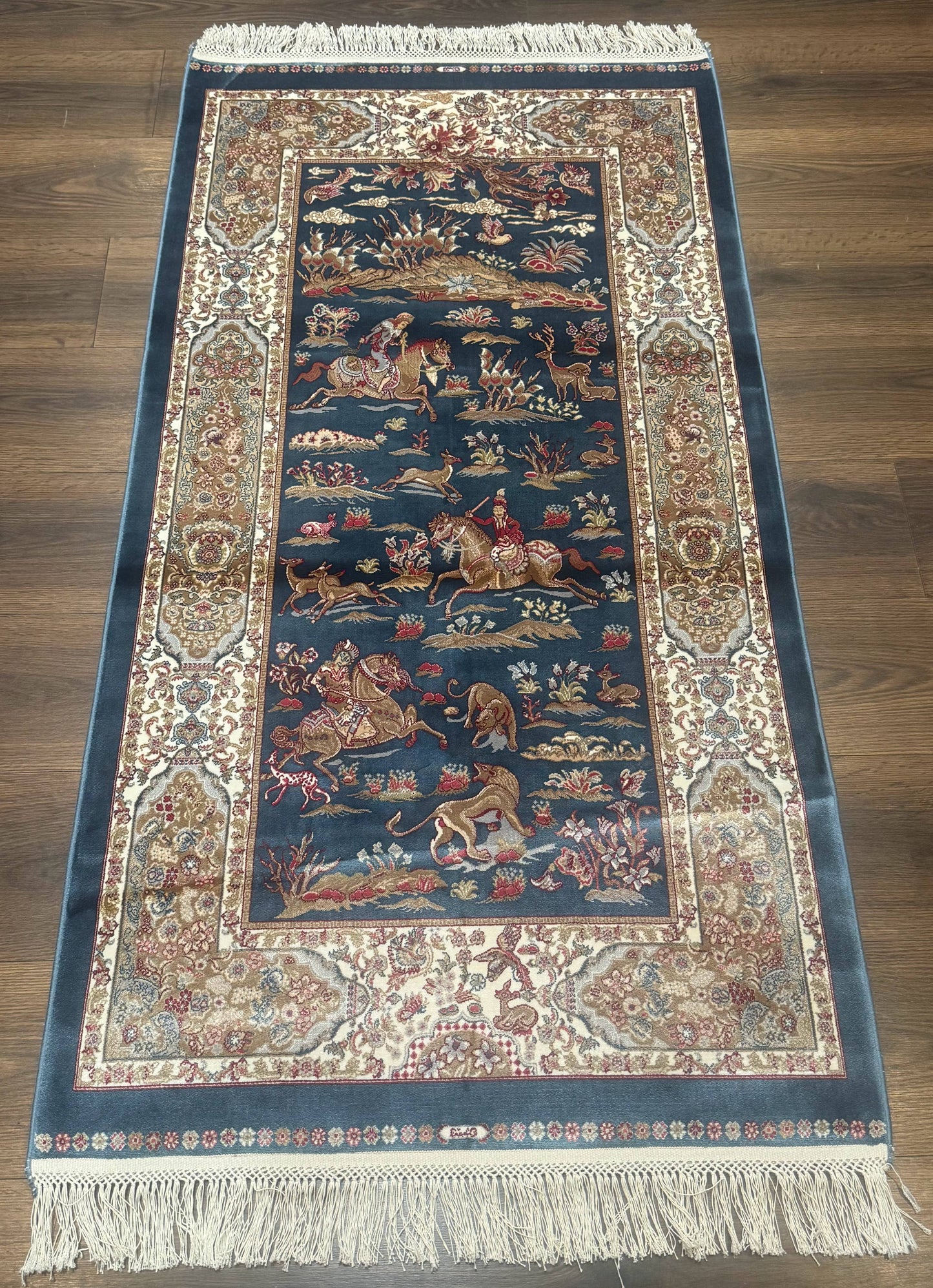 Turkish Silk Hunting Scene Rug 2.6 x 5, Dark Steel Blue & Ivory, Bamboo Silk, New