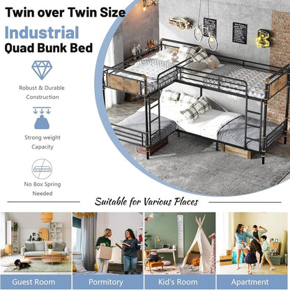 Quad Bunk Bed Twin Size Metal With Ladders Detachable Black