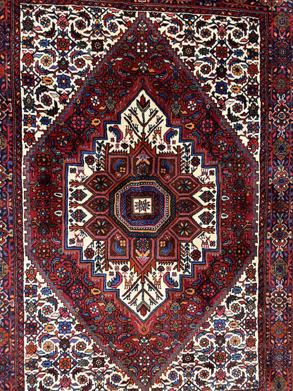 Fine Persian Bidjar Rug 3x5, Geometric Medallion Oriental Bijar Carpet 3 x 5 ft, Ruby Red and Cream, Hand Knotted Wool Rug, Semi Antique Tribal Rug, Nice
