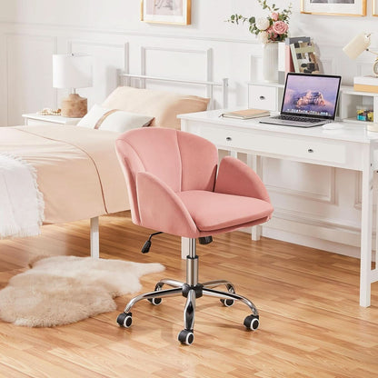 Pink Velvet Desk Chair With Wheels And Armrests Swivel Office Chair
