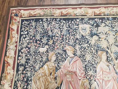 Vintage European Tapestry 5.4 x 7.11, Antique Style European Wall Hanging, Aubusson Weave Handmade Tapestry, Courtship Dating Scene, Animals