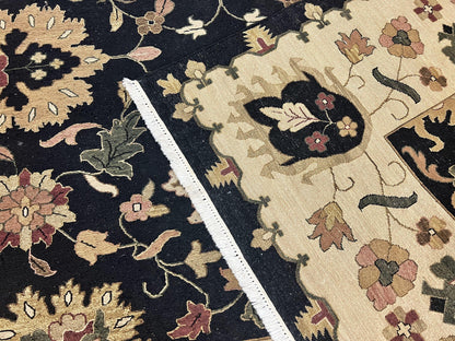Indo Persian Rug 10x14, Wool Handmade Room Sized Floral Oriental Carpet, Indian Mahal Flatweave Rug, Black Beige