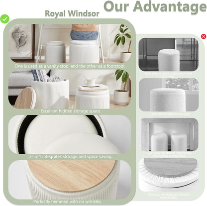 Compact Round Velvet Storage Ottoman TwoPack White