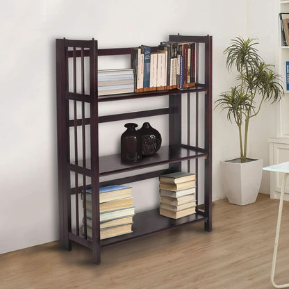 Three Shelf Folding Stackable Bookcase 27.5 Inch Wide Espresso Wood Home Office Storage