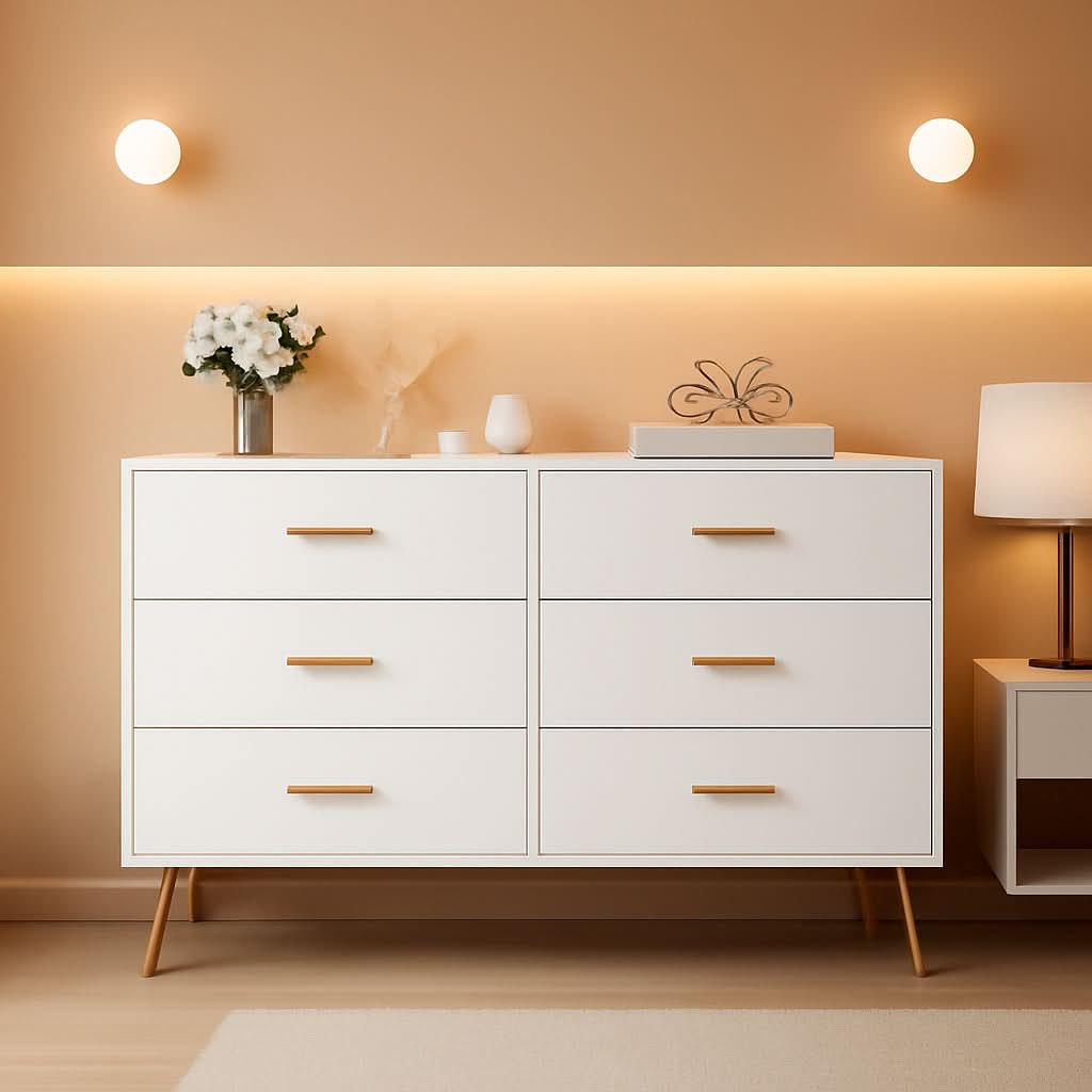 White Six Drawer Dresser Featuring Goldtone Handles