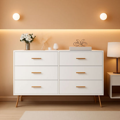 White Six Drawer Dresser Featuring Goldtone Handles